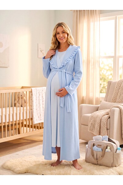 Lohussa New Season Blue Winter Jacquard Shawl Collar Full Length Breastfeedin...
