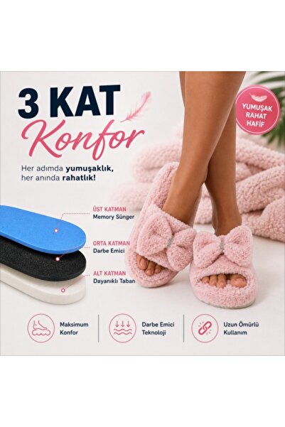 Black Flex Cozy Step 3-Layer Plush Slippers with Pink Bow 36-41