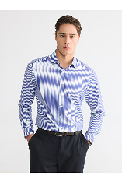 LC Waikiki Lcw Business Navy Blue Slim Fit Striped Gabardine Men's Shirt