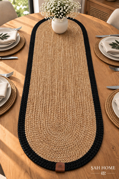 ŞAH HOME Oval Örgü Dokulu Runner – Leke Tutmaz – Modern Sofra ve Yemek Masası...