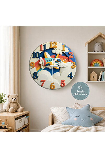 no26dekor 🕒 Uçak Temalı⭐ Sessiz Çocuk Duvar Saati 🎈 MDF Dekoratif Çocuk Oda...
