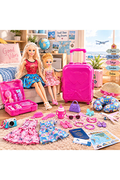 Han toys Seyahat Temalı Bebek Seti Valizli ve Aksesuarlı Oyuncak Bebek 3+ Yaş