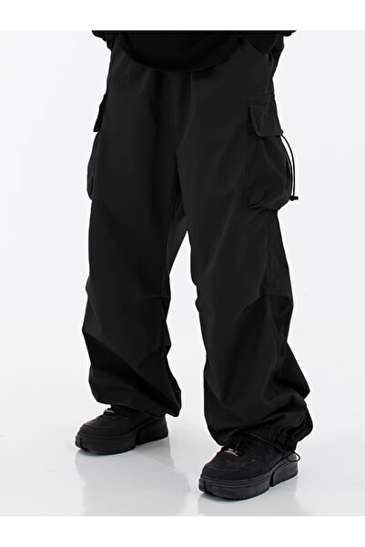 Generic Brand Men's Black Baggy Cargo Pants - Wide Leg Loose Fit Parachute Tr...