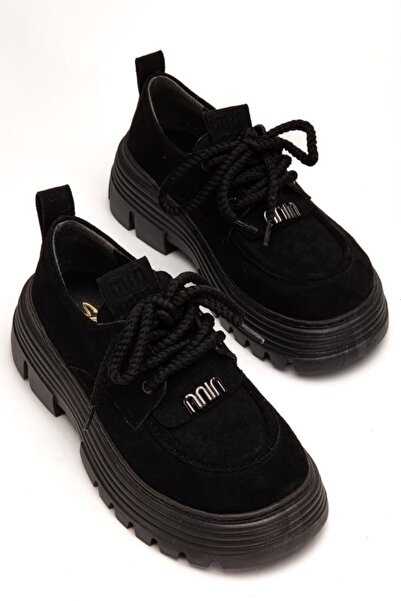 diclepolat Women's Black Suede Thick Soled Lace-Up Casual Daily Shoes Mın 01