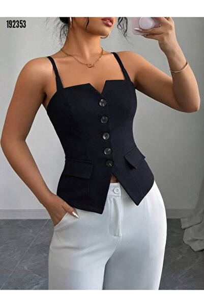 BANNUCOLLECTİON Kadın askılı önü düğmeli atlas bluz
