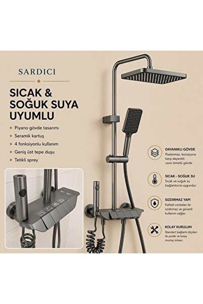 Sardıcı Piano 4 Fonksiyonlu Antrasit Banyo Bataryası ve Tepe Duş Seti
