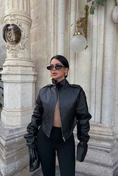 Bak'ap Trendy Stand Collar Design Cropped Faux Leather Jacket