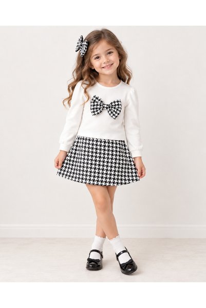 ışık kids Black and White Houndstooth Bow Detailed Girls' Skirt Set