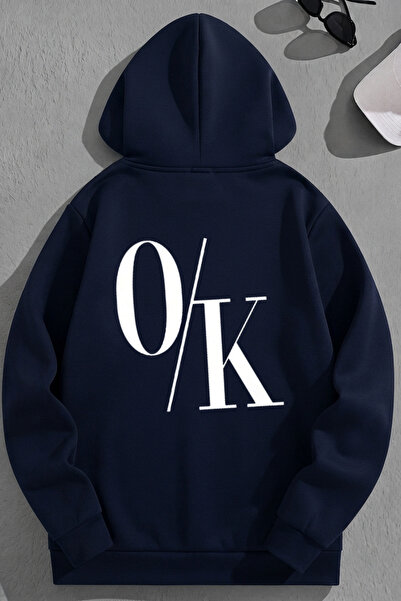 K KOZZ STYLE Unisex 3 Thread Cotton Navy Blue O/K Print Loose Fit Φούτερ με κ...