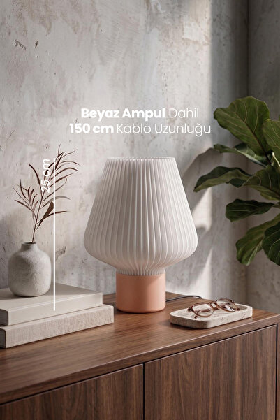 Pileli Beyaz Şapkalı Pudra Tabanlı Modern Abajur Masa Lambası