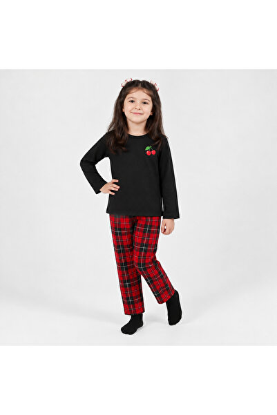 Kız Çocuk Uzun Kollu Ekose Pantolonlu Pijama Takımı Siyah Kırmızı Kareli %100 Pamuklu