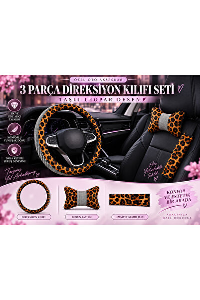 Adıfeks Leopar Desenli Taşlı Direksiyon Kılıfı 3’lü Set – 1 Boyun Yastığı + 1...