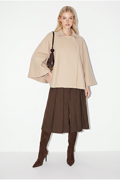 Bianco Lucci Women's Asymmetrical Button Detailed Pocketed Cashmere Cape Ponc...
