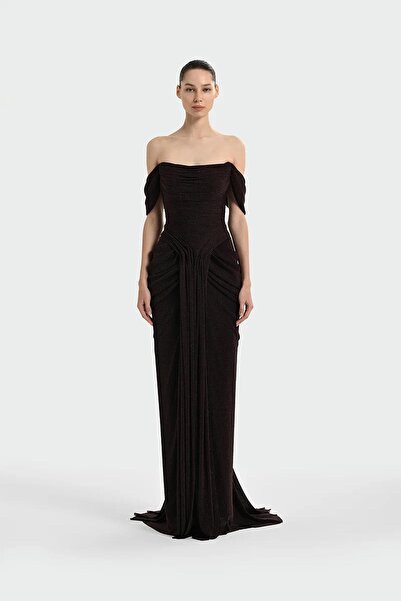 cercis Düşük Omuz Ön Drape Detaylı Abiye Elbise