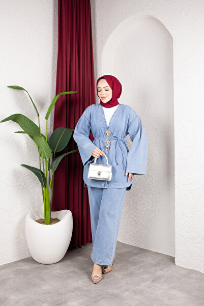 Colomer Women's Gold Brooch Detailled Denim Kimono Set