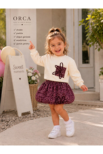 nk kids Kız Çocuk Leopar Balon Etekli 2li Takım Mürdüm (1-4 yaş)