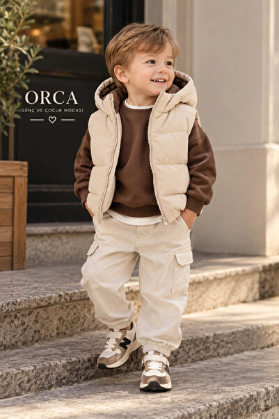 nk kids Erkek Çocuk Kapüşonlu Şişme Yelek Bej/Kahve (1-4 yaş)