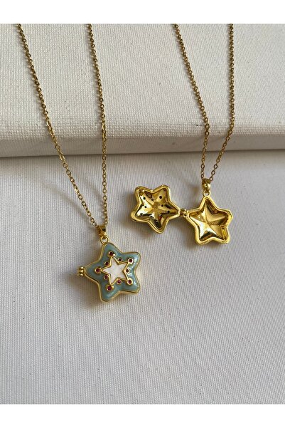 COLLECTİON Star locket çelik kolye Yıldız modelli mineli vintage kapaklı kolye