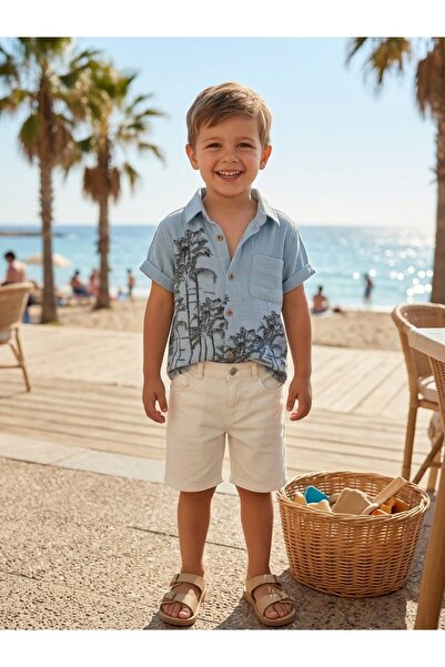 moda rüyası Boy's Blue Palm Tree Printed Muslin Shirt and Cream Shorts Two-Pi...