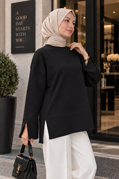 RuyaMood Kadın Siyah Modal Kumaş Yırtmaç Detaylı Bisiklet Yaka Oversize Tesettür Tunik