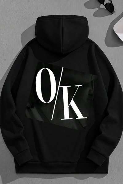 K KOZZ STYLE Unisex 3 Thread Cotton Black O/K Print Loose Fit Φούτερ με κουκούλα