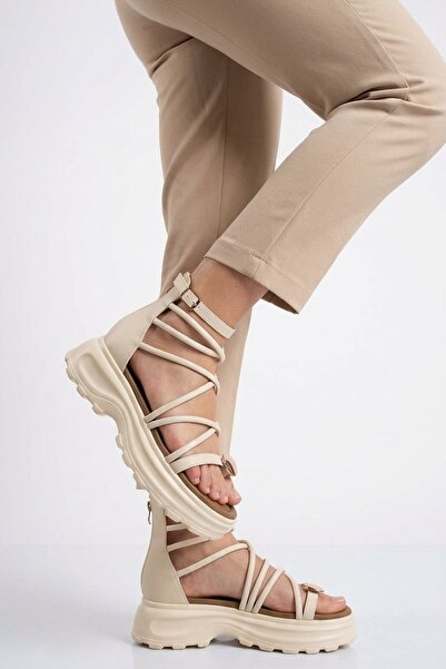 Voyager Cream Genuine Leather Women's Thick-Soled Sandals with Adjustable Ank...
