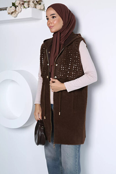 TOZLU Coffee Gülseli Women's Hooded Sequined Hijab Knitwear Vest