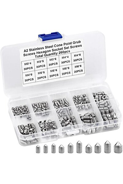 MAKINGTEC Stainless Steel Grub Cone Point Hex Socket Screws Set, 260 Pcs Metr...