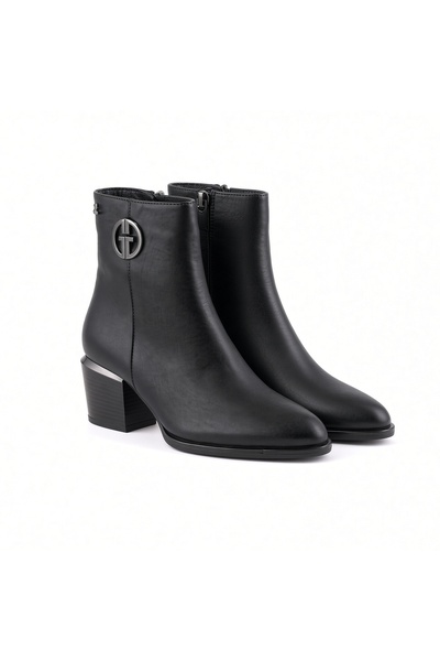 Venüs Kemal Aygün-Venüs Women's Genuine Leather Pointed Toe Thick Heeled Zipp...