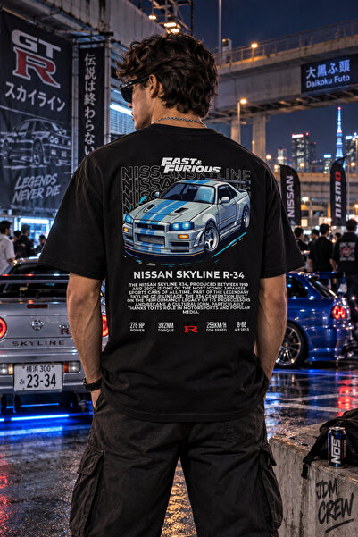 Ghedto Wear Μαύρο μπλουζάκι Nissan Skyline R34 GT-R JDM με στάμπα αυτοκινήτου...