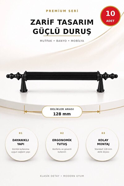 YB Home 10 Adet 128 mm (SERT PLASTİK) Mat Siyah Klasik Mobilya Dolap Kulpu | ...
