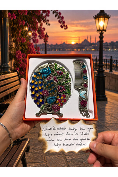 Home Mineli Tavus Kuşu El Aynası ve Tarak Seti Vintage Hediyelik Set