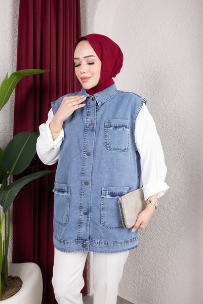 Colomer Women's Shirt-Collar Jacket with Pockets, Tassel Detail, Denim Vest