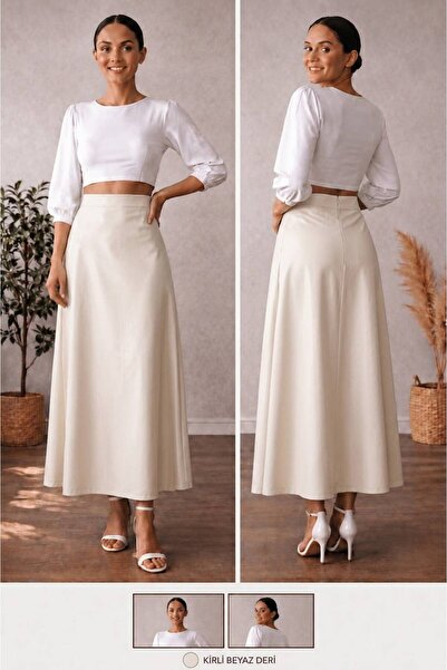 AL&SU BUTİK Leather A-Line Skirt, Length 90 Cm, Hijab-Friendly Skirt