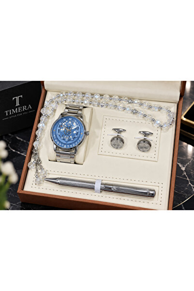 TIMERA طقم هدايا رجالي بساعة زرقاء فضية مع مسبحة وقلم وأزرار أكمام -TIMERA Me...