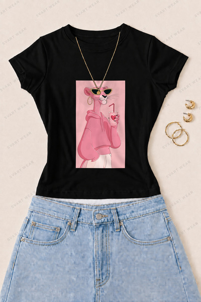SVART WEAR Tricou de damă din bumbac și lycra, cu imprimeu Pink Panther și oc...