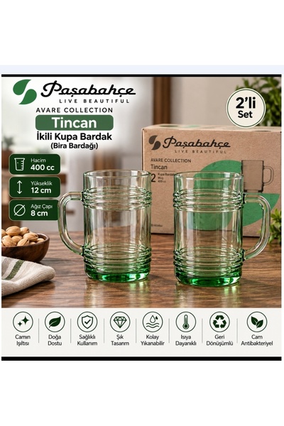 Paşabahçe 2 li cam 400 cc yeşil renk Bi.a bardak kupa TINCAN MODEL 12 cm boyu...