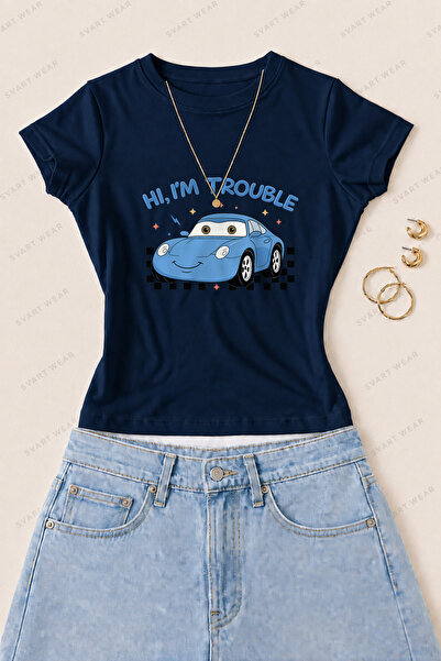 SVART WEAR تي شيرت نسائي ضيق من القطن الليكرا مطبوع عليه عبارة "I'm Trouble A...