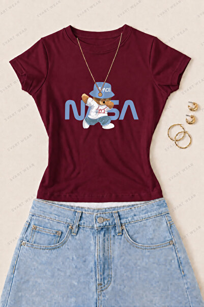 SVART WEAR Women's Space Bear Printed Cotton Lycra Slim Fit Body T-Shirt - Bu...