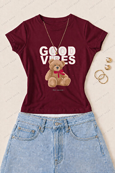 SVART WEAR تي شيرت نسائي من Good Vibes مطبوع عليه دب تيدي من القطن والليكرا -...