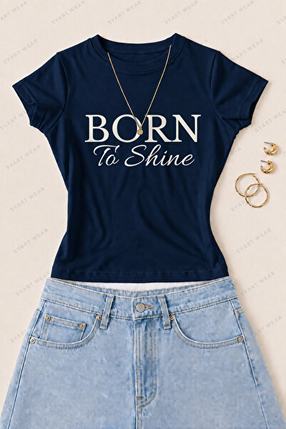 SVART WEAR تي شيرت نسائي ضيق من القطن الليكرا مطبوع عليه Born to Shine - أزرق...