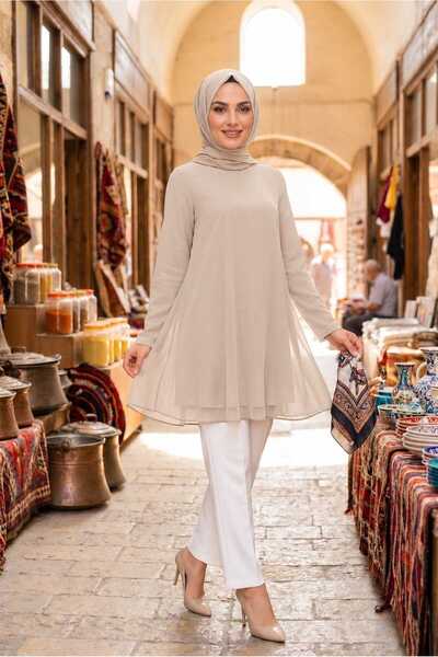 Puane Tunic Long Sleeve with Chiffon Detail on the Front Beige