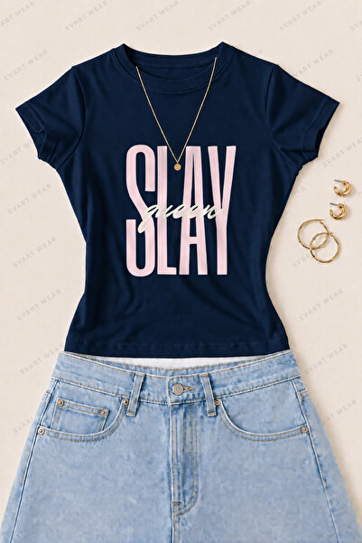 SVART WEAR تي شيرت نسائي ضيق من القطن الليكرا مطبوع عليه Slay Queen - أزرق داكن