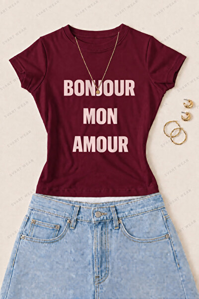 SVART WEAR Γυναικείο μπλουζάκι Bonjour Mon Amour με στάμπα από βαμβάκι και λύ...