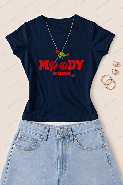SVART WEAR تي شيرت نسائي ضيق من القطن والليكرا مطبوع عليه Moody Cherry - أزرق...