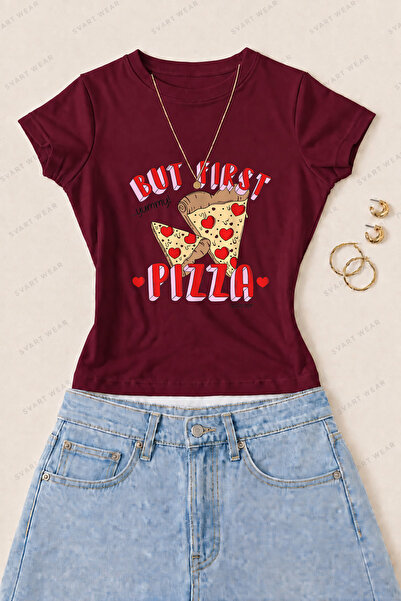 SVART WEAR Women's but First Pizza Printed Cotton Lycra Slim Fit Body T-Shirt...