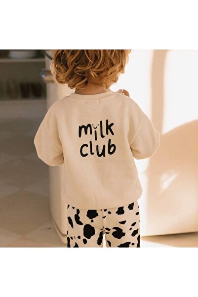 Karaniko Kids %100 Pamuklu Milk Club Baskılı Sweat 2'li Unısex Bebek Takım