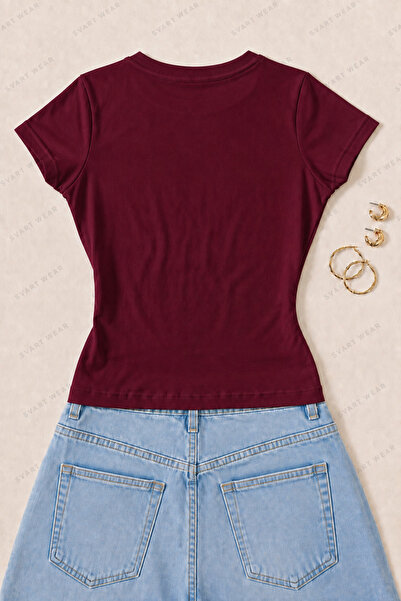 SVART WEAR Women's Cake Lover Club Printed Cotton Lycra Slim Fit Body T-Shirt - Burgundy