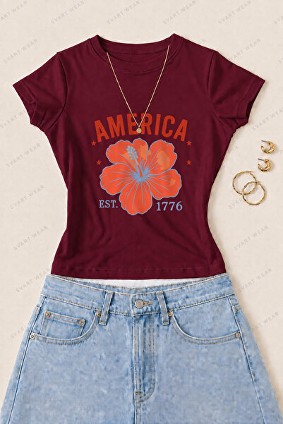 SVART WEAR Γυναικείο μπλουζάκι αμερικάνικου τύπου Hibiscus με στάμπα από βαμβ...