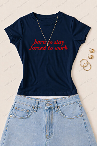 SVART WEAR تي شيرت نسائي ضيق من القطن الليكرا مطبوع عليه Born to Slay - أزرق ...